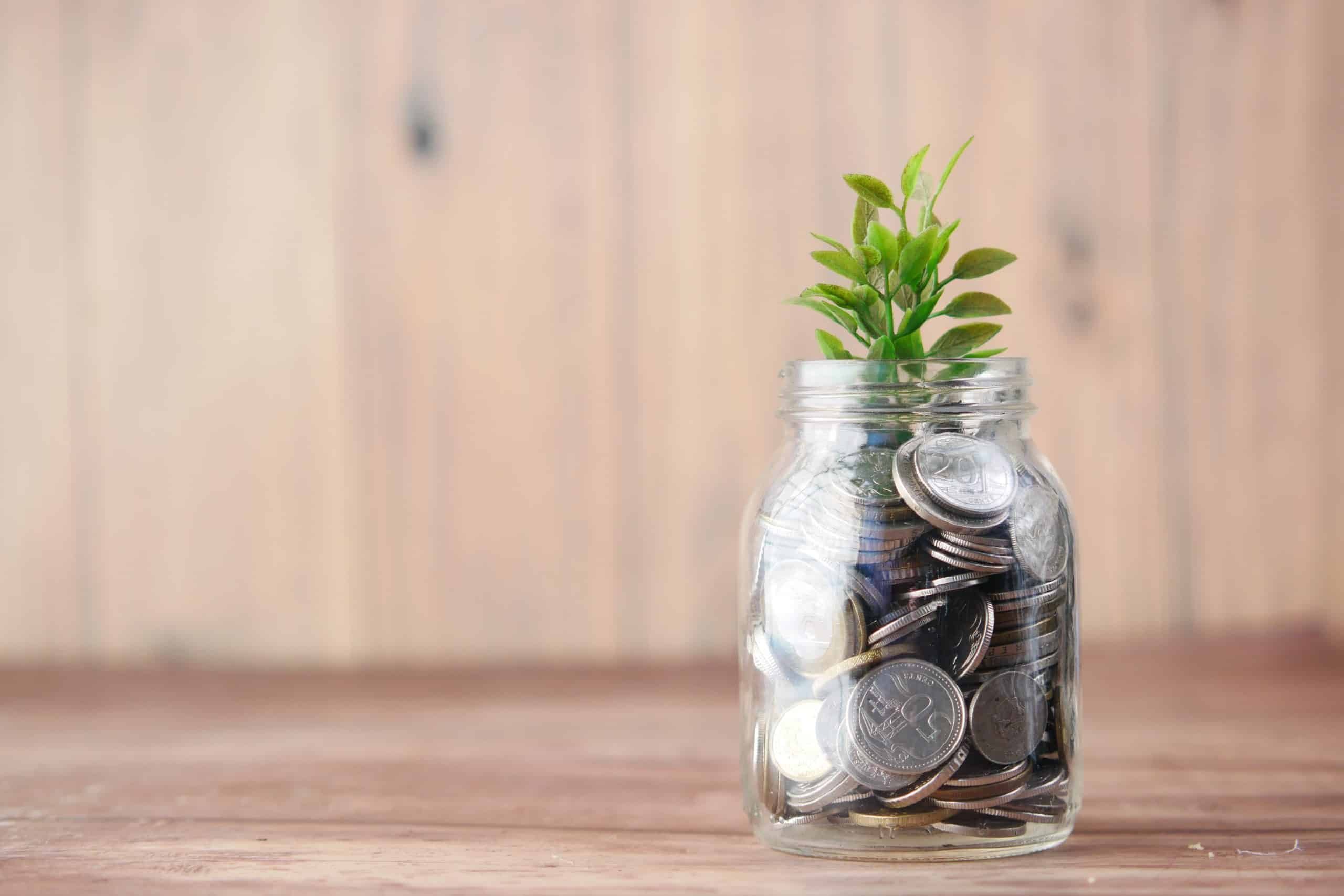 Jar of coins with green plant growing representing green investment